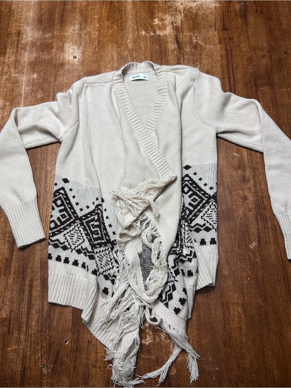 Hollister Beige Fringe Open-Front Wrap Sweater Cardigan with Black Aztec Pattern